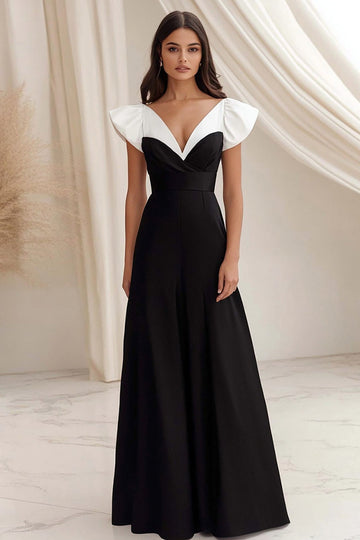Black White A Line Satin Cap Sleeves Long Formal Dress